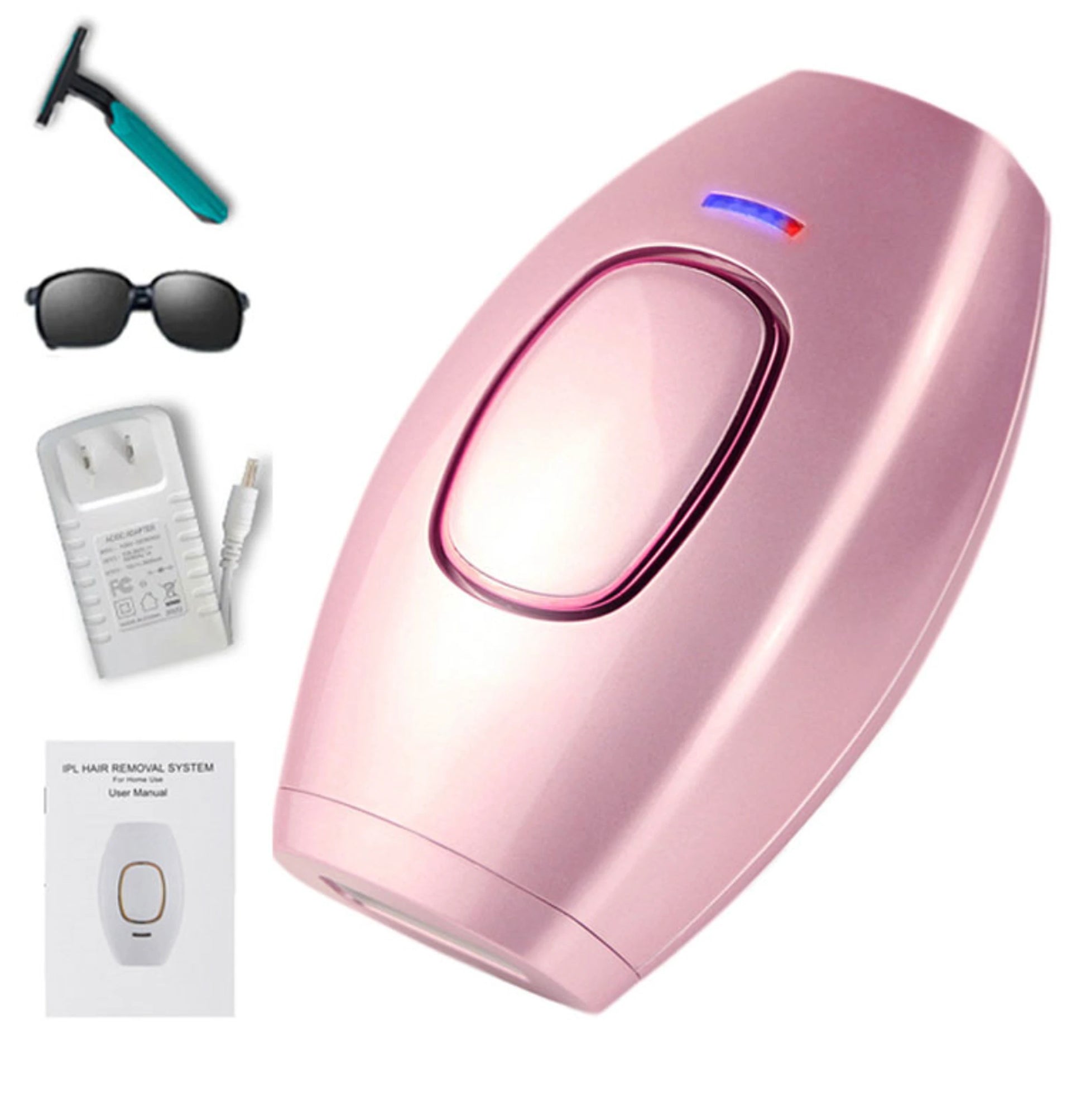 The laser hair removal device with accessories including protective sunglasses